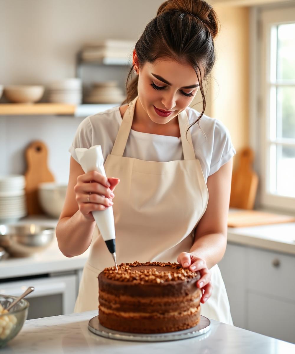 Pastry chef decorating a cake