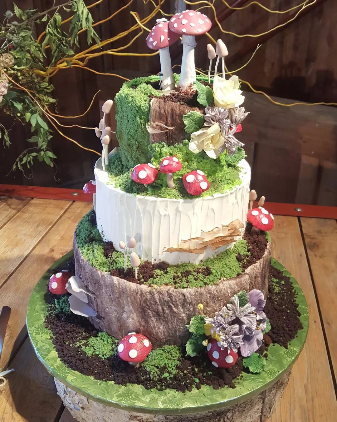 Woodland mushroom and moss tiered cake